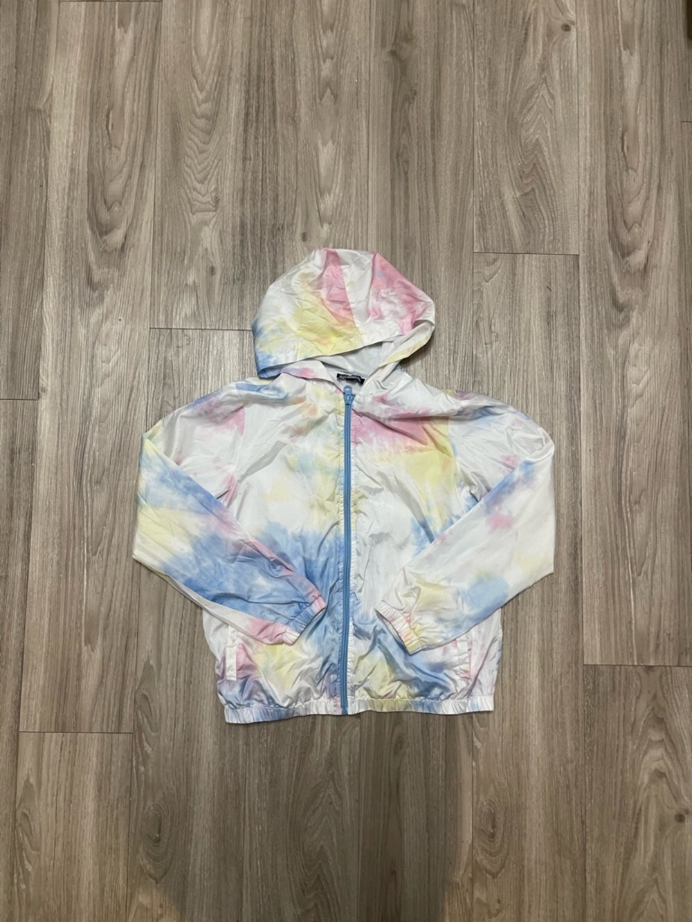 Freshman Girls Tie-Dye Hooded Rain Jacket in White, Pastel Pink, Blue, Yellow